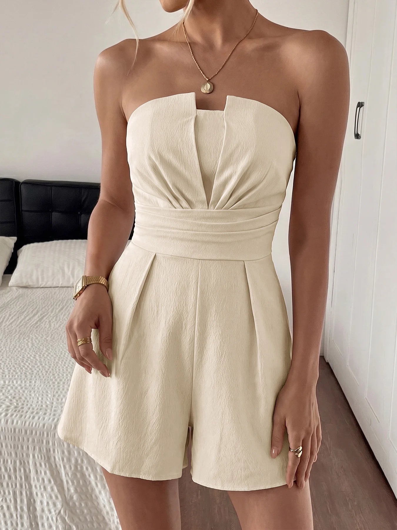 Women's Strapless Pleated Waist Playsuit