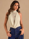 Women's Lace Insert Halter Neck Draped Bodysuit