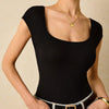 Black Ribbed Square Neck Cap Sleeve Bodysuit