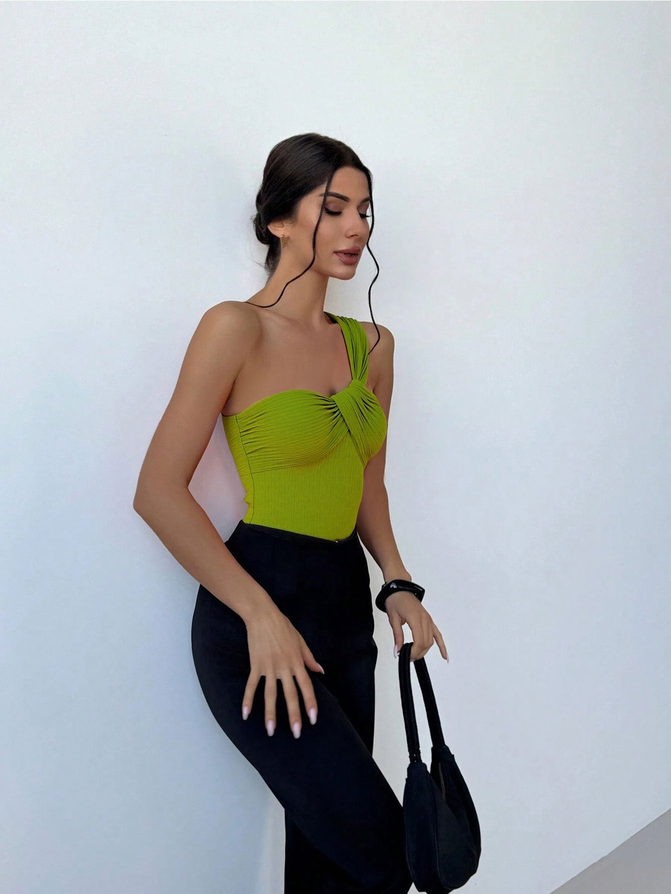 Green Ribbed One-Shoulder Twist Front Bodysuit