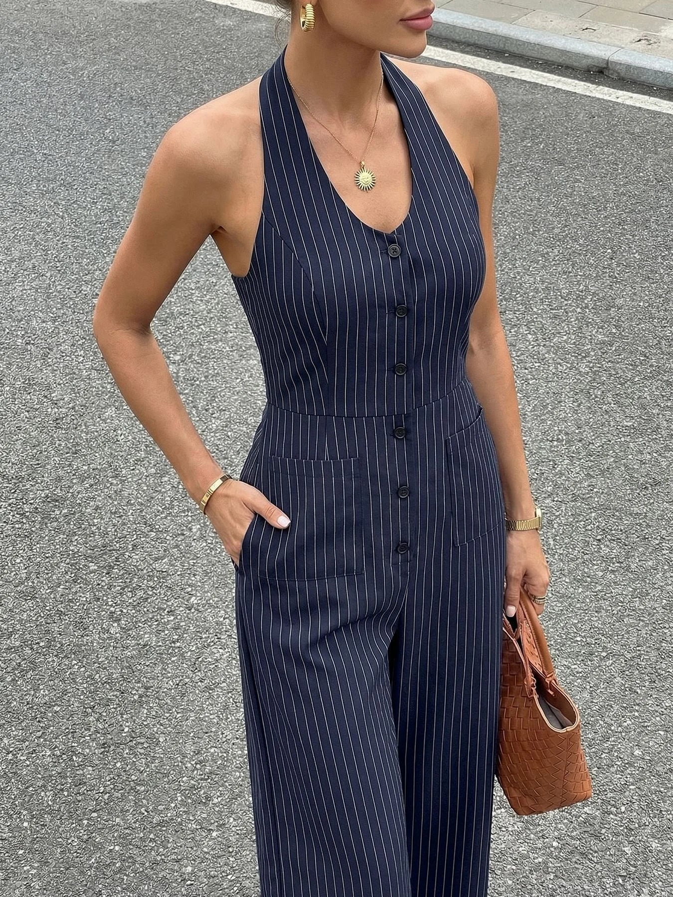 Women's Pinstripe Halter Neck Tailored Jumpsuit