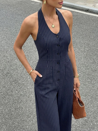 Women's Pinstripe Halter Neck Tailored Jumpsuit