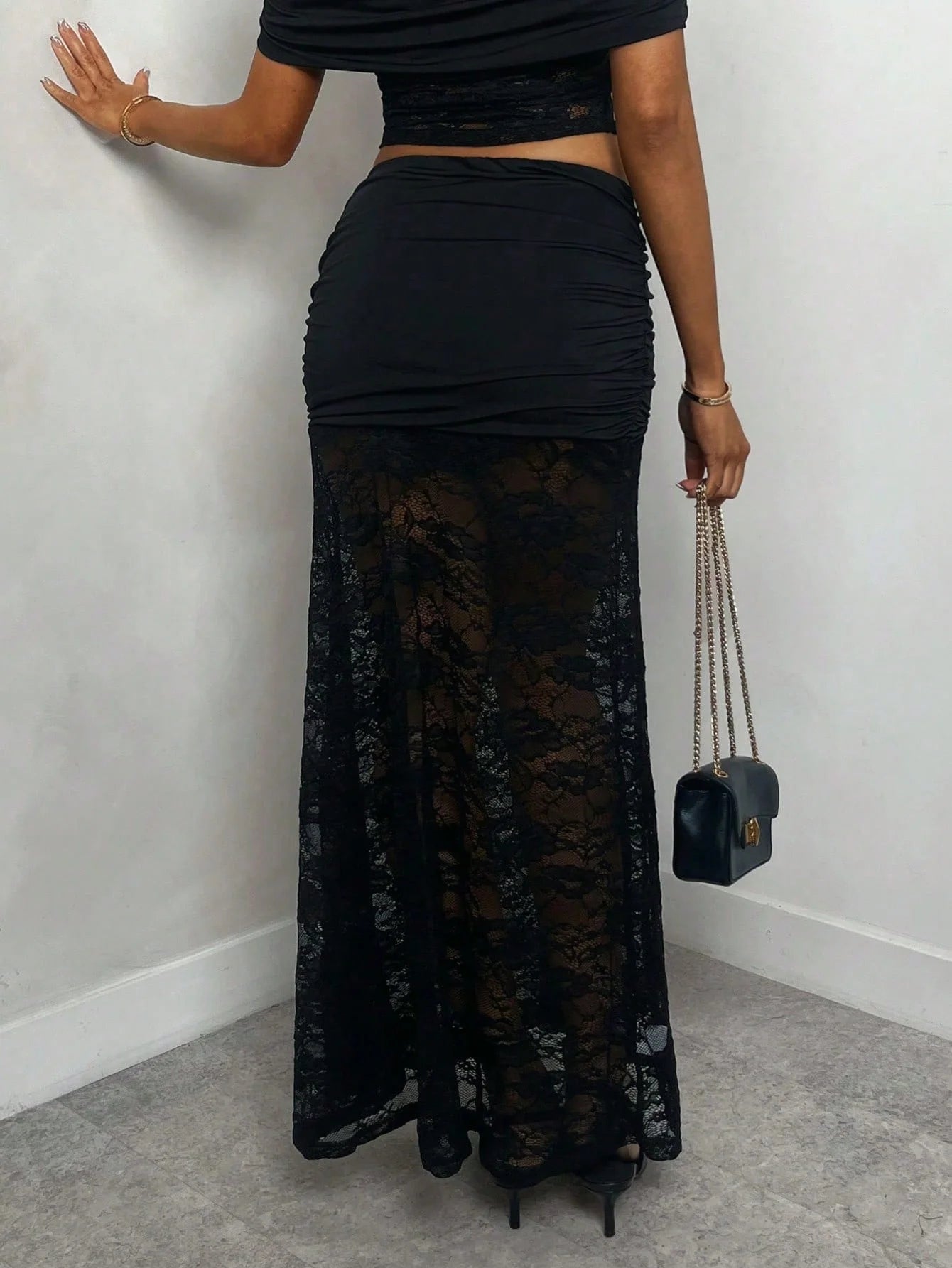 Women's Ruched Lace Panel Maxi Skirt