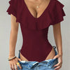 Women's Ruffle Trim Deep V-Neck Bodysuit