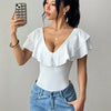 Women's Ruffle Trim Deep V-Neck Bodysuit