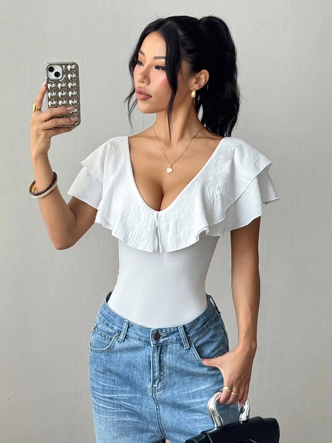 Women's Ruffle Trim Deep V-Neck Bodysuit