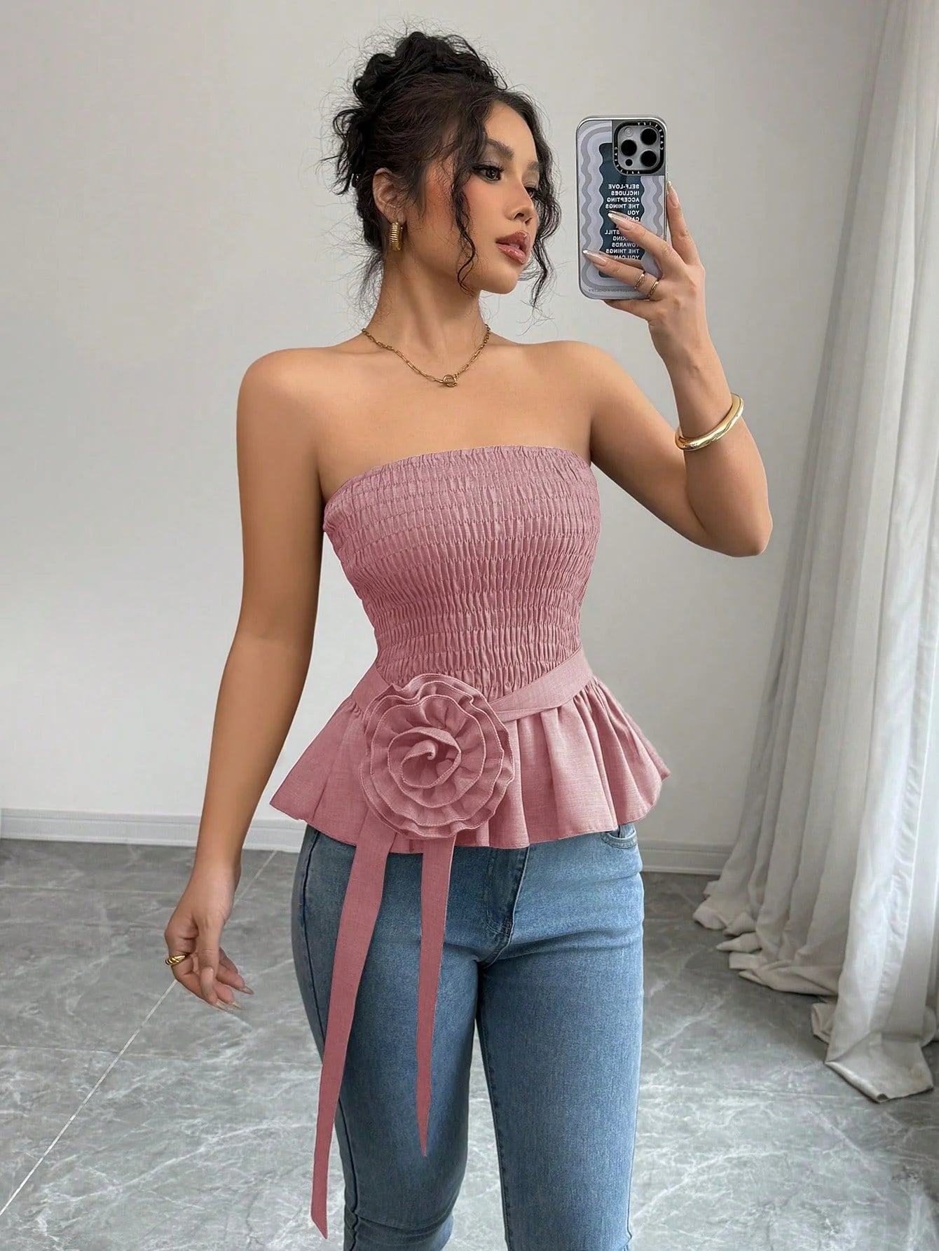 Rosette Peplum Tube Top
