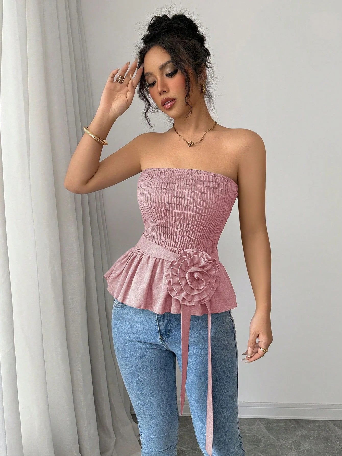 Rosette Peplum Tube Top