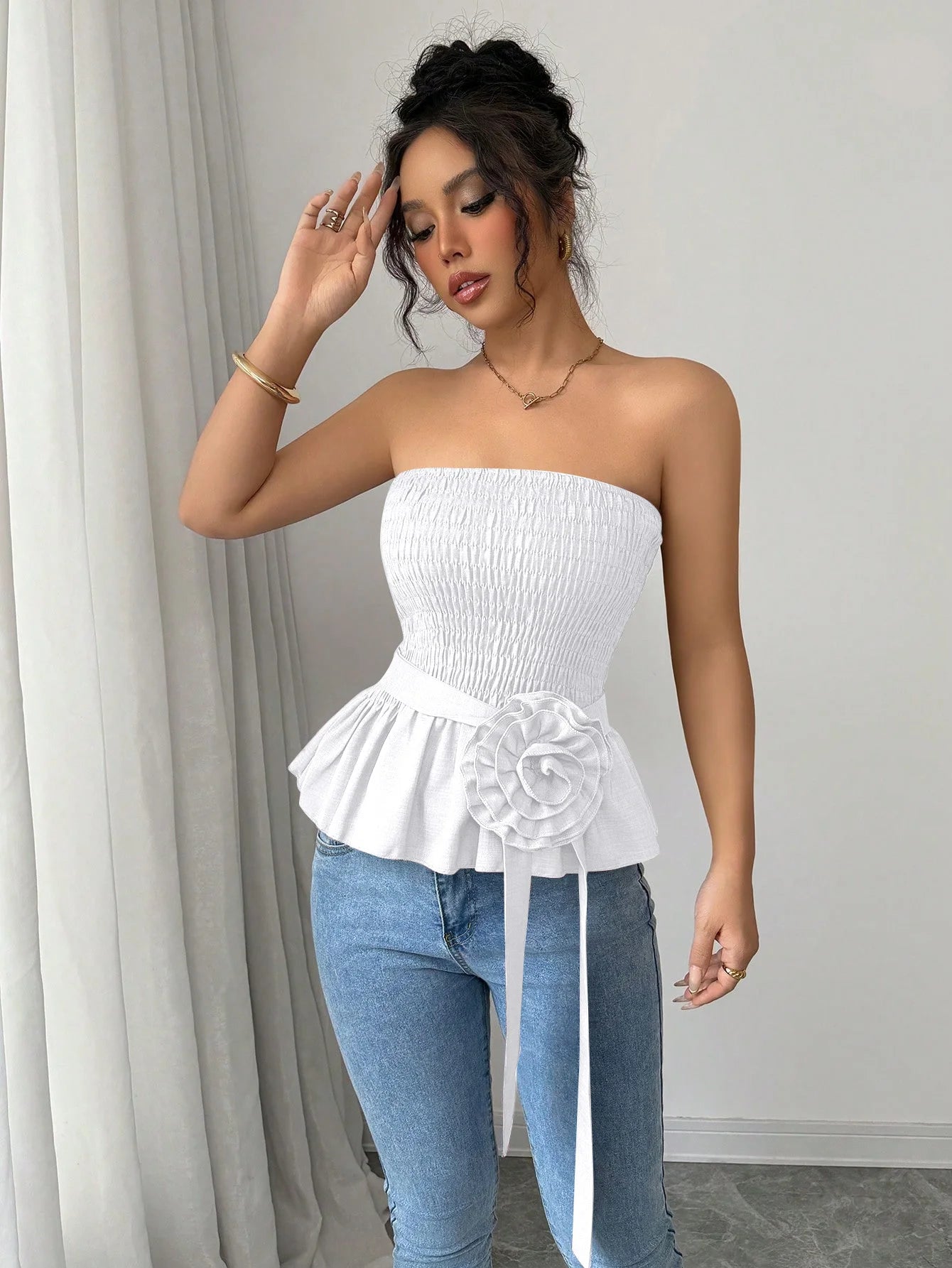 Rosette Peplum Tube Top