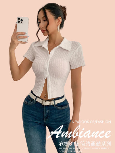 Textured Button-Up Crop Top Shirt
