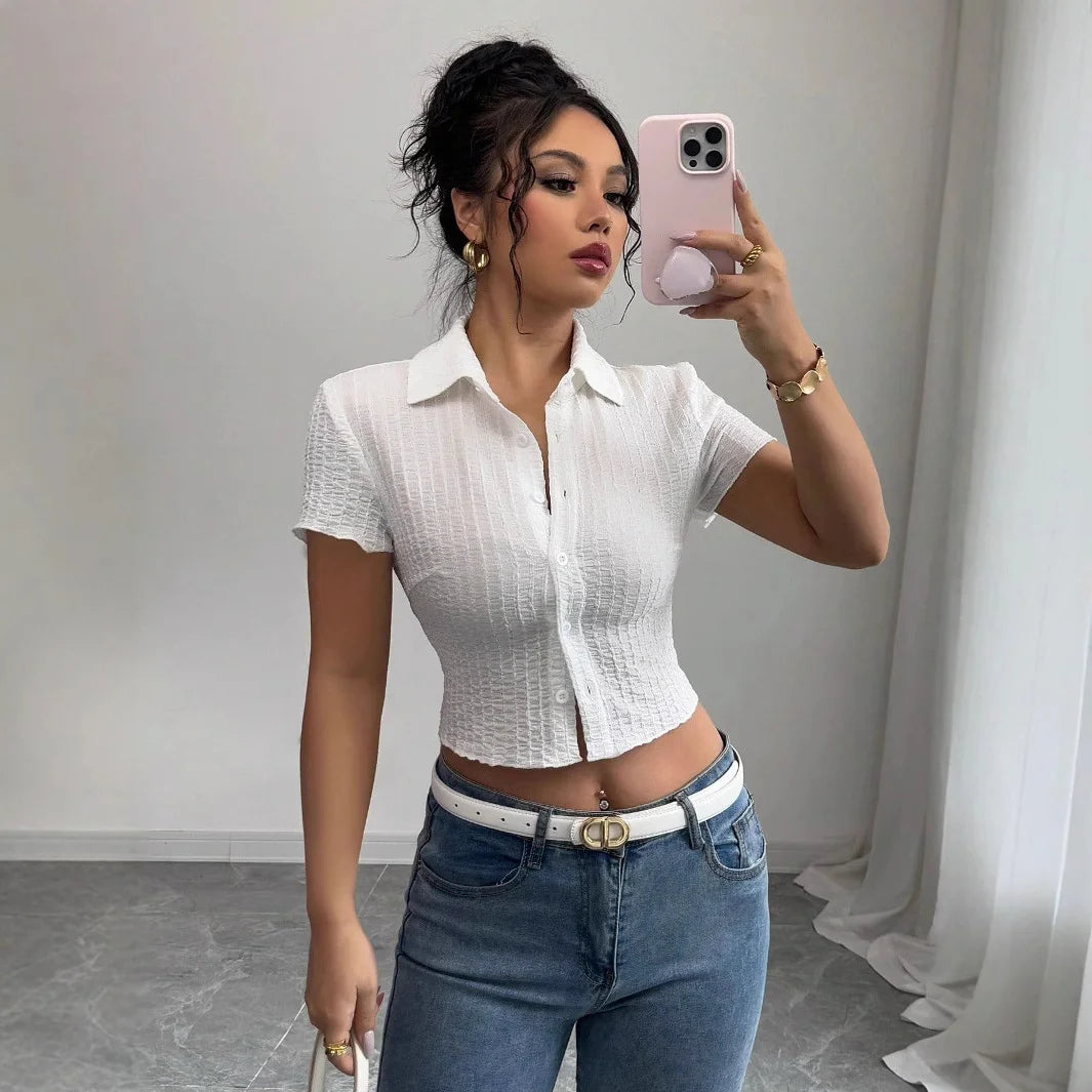 Textured Button-Up Crop Top Shirt