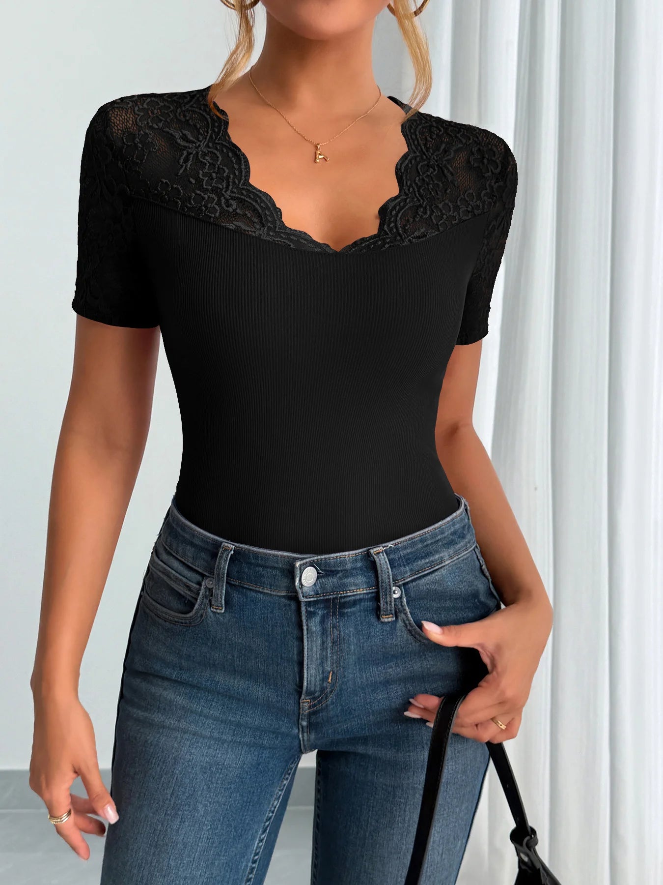 Lace Trim Ribbed Top