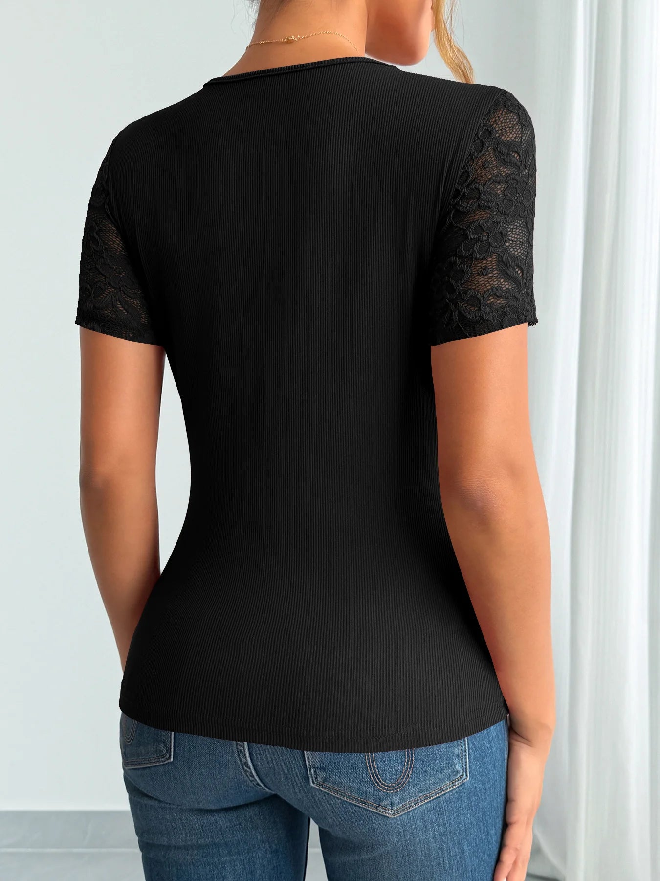 Lace Trim Ribbed Top