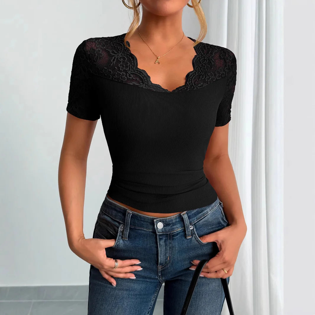Lace Trim Ribbed Top