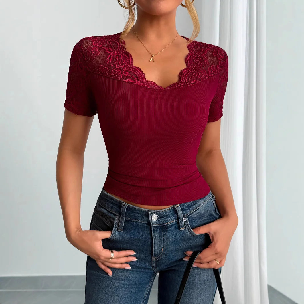 Lace Trim Ribbed Top
