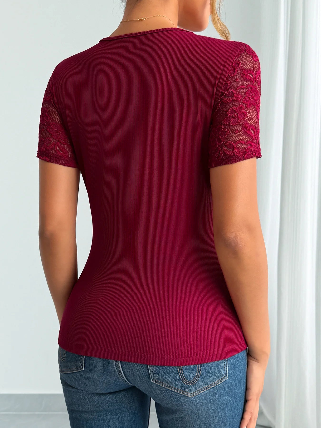 Lace Trim Ribbed Top