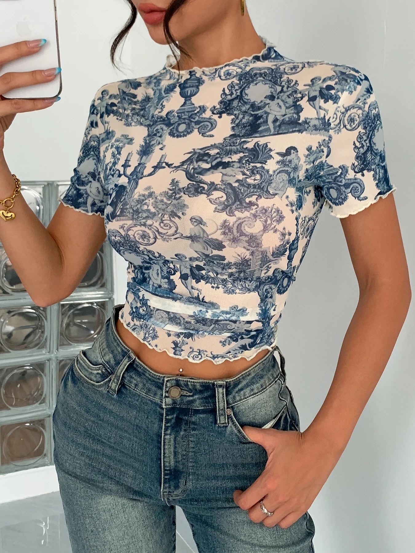 Vintage Print Mesh Top