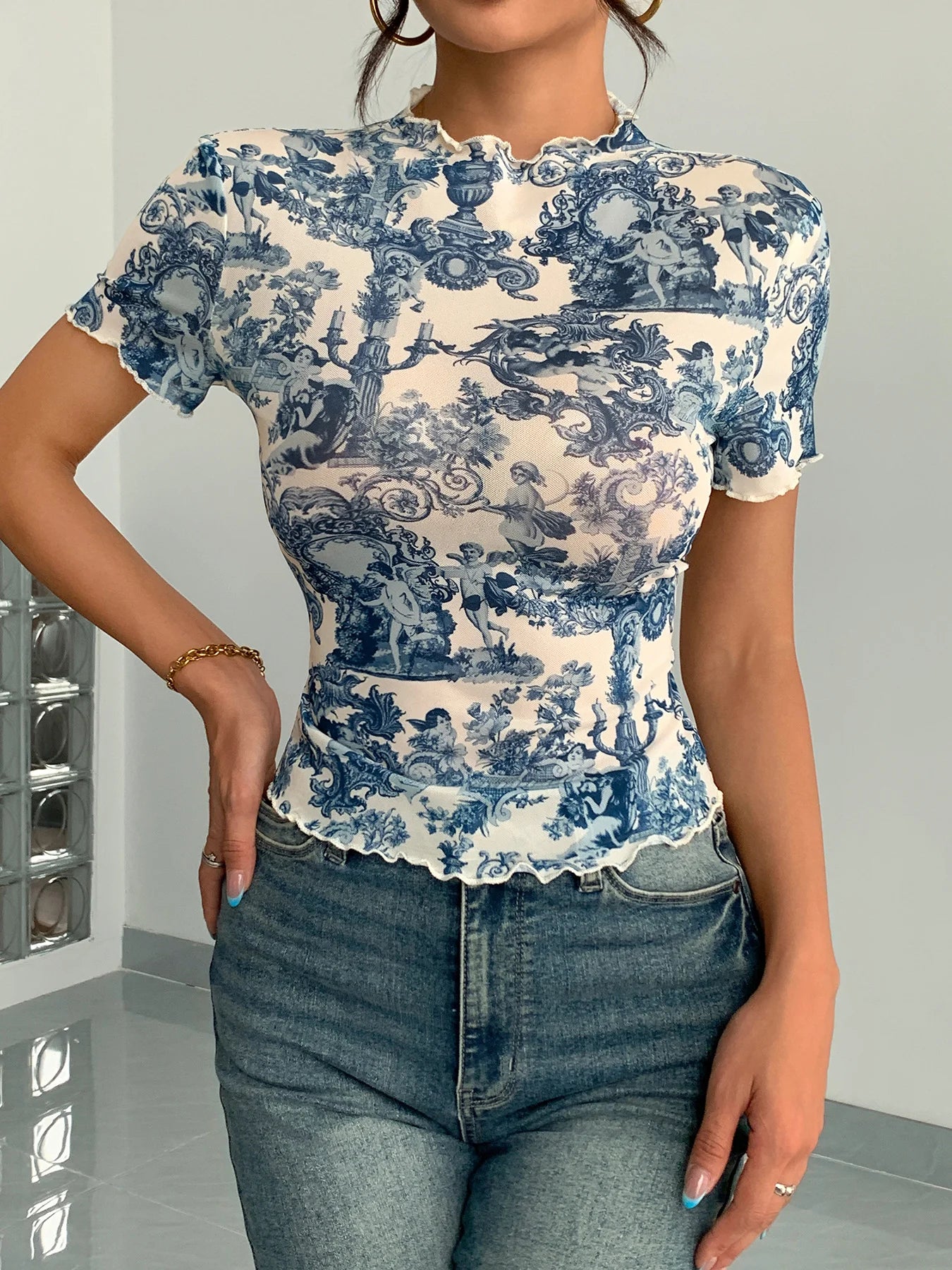 Vintage Print Mesh Top