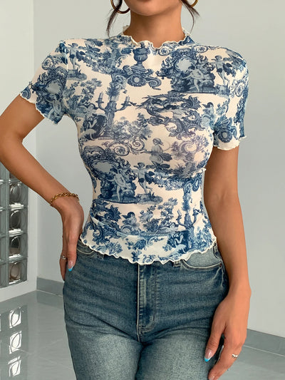 Vintage Print Mesh Top