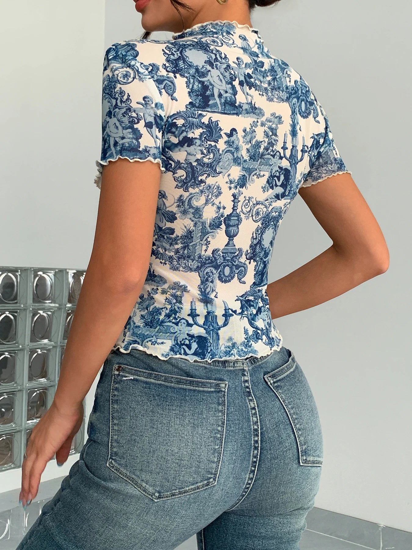 Vintage Print Mesh Top