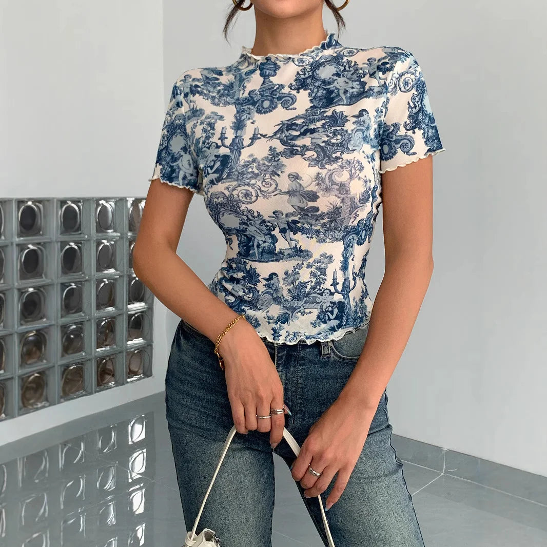 Vintage Print Mesh Top
