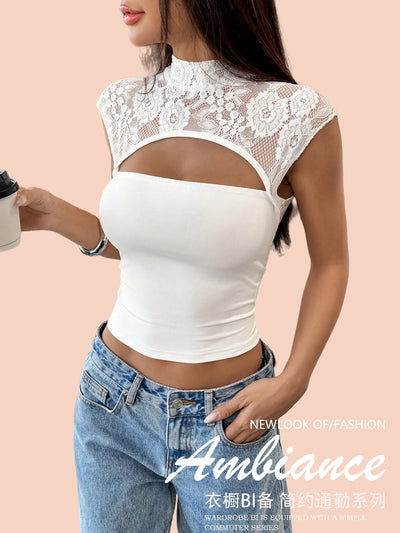 Lace Cut-Out Mock Neck Top