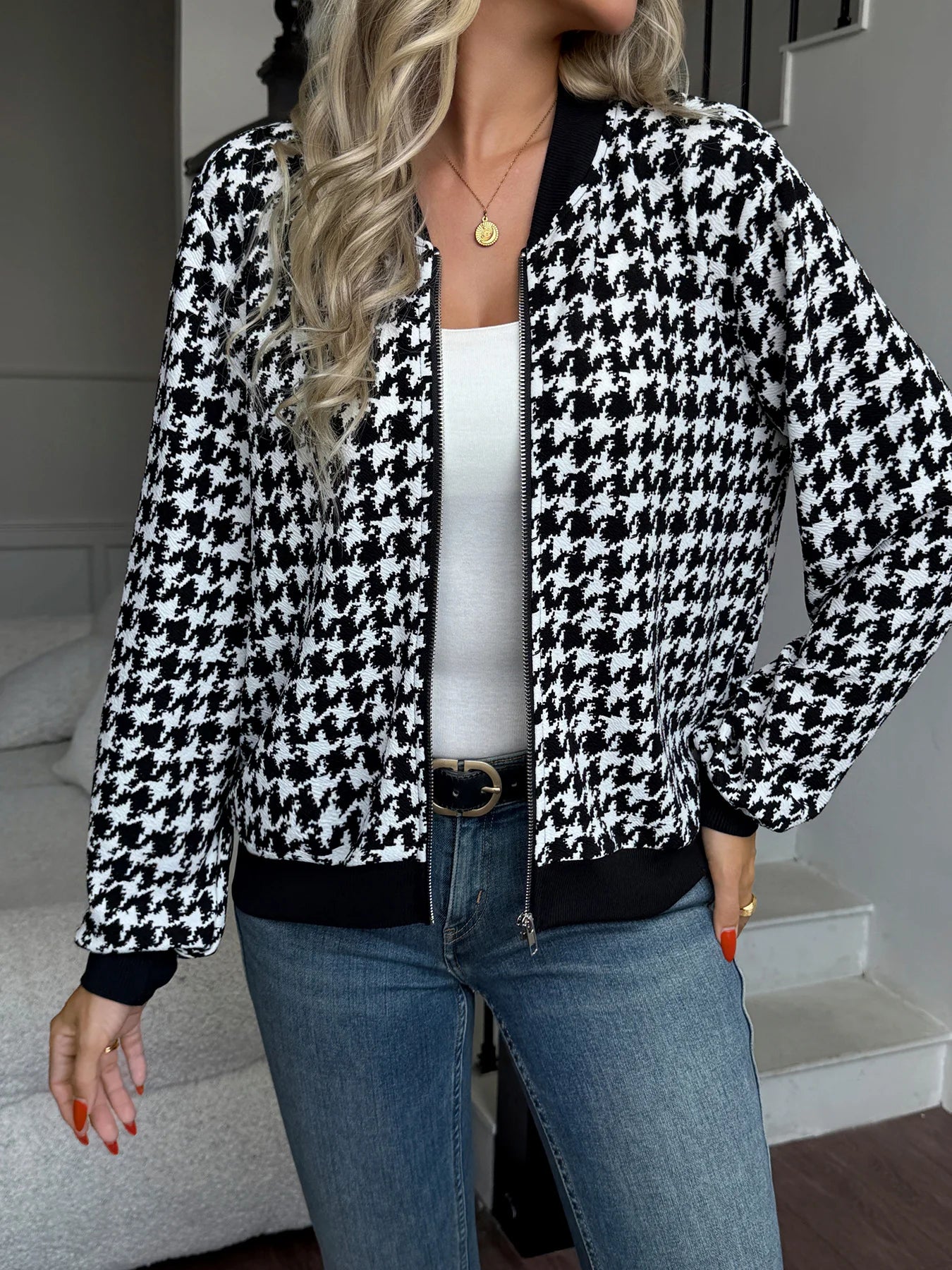 Classic Houndstooth Zip Jacket