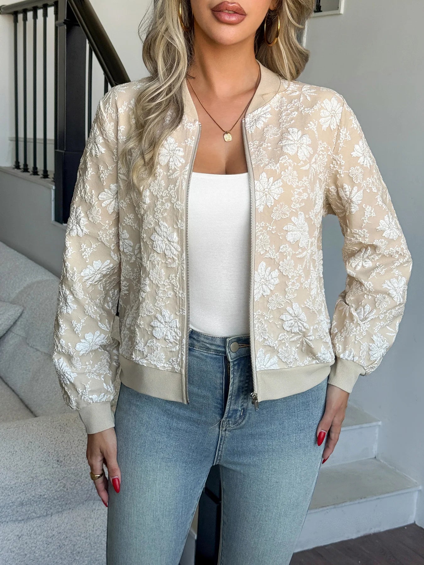 Floral Embroidered Zip Jacket