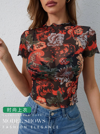 Floral Mesh Mock Neck Top