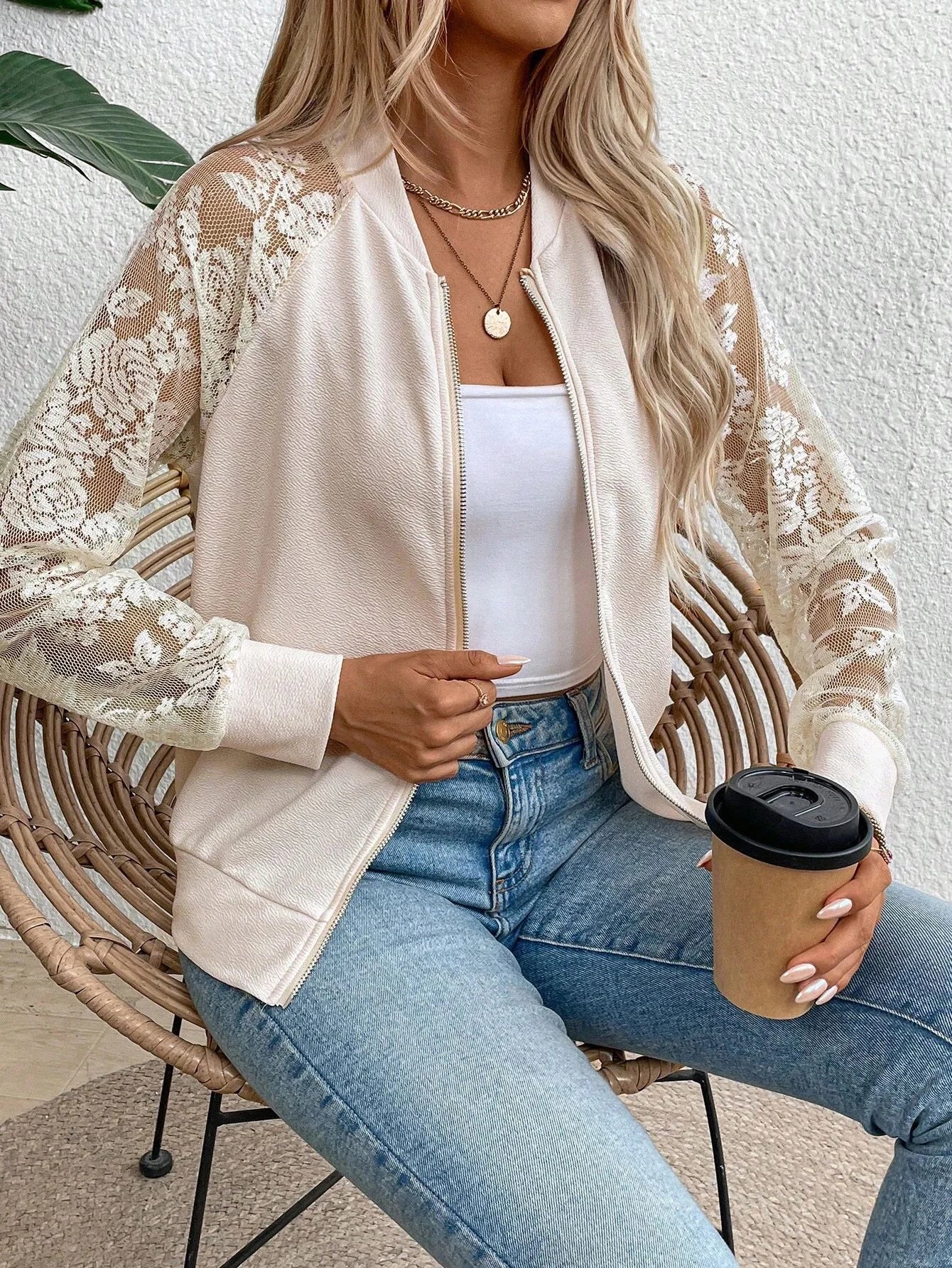 Lace Sleeve Zip Jacket