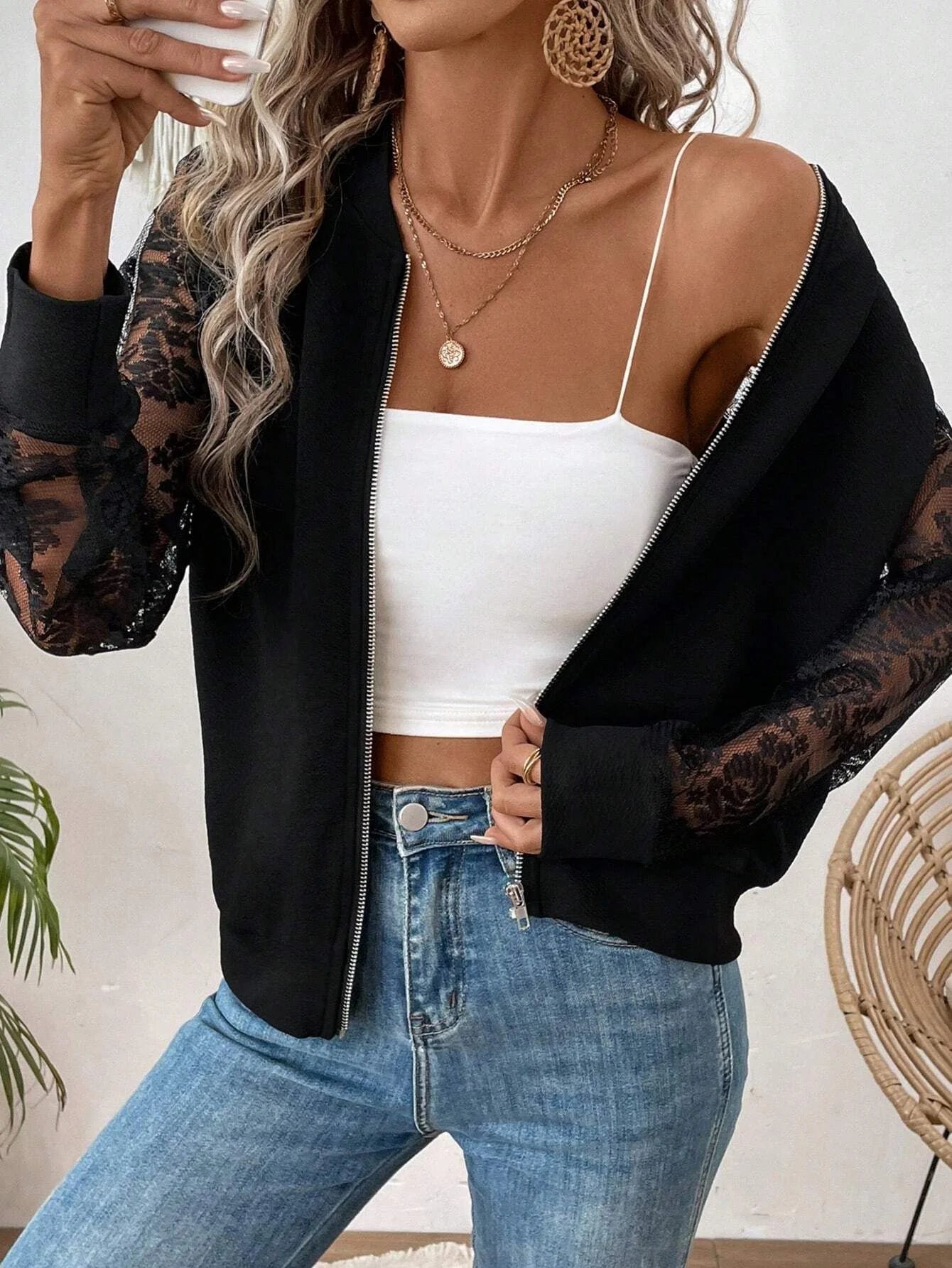 Lace Sleeve Zip Jacket
