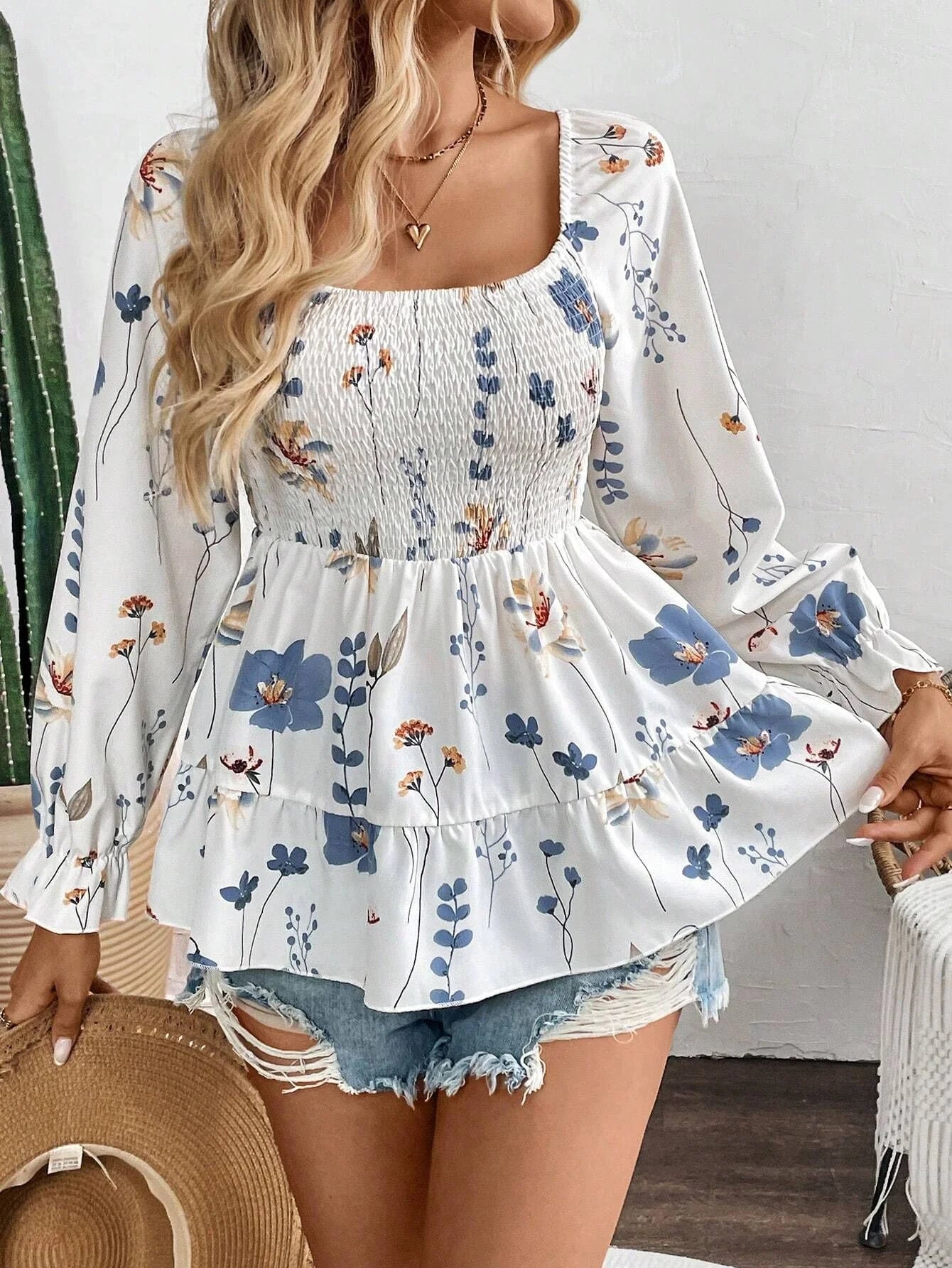 Smocked Floral Peplum Top