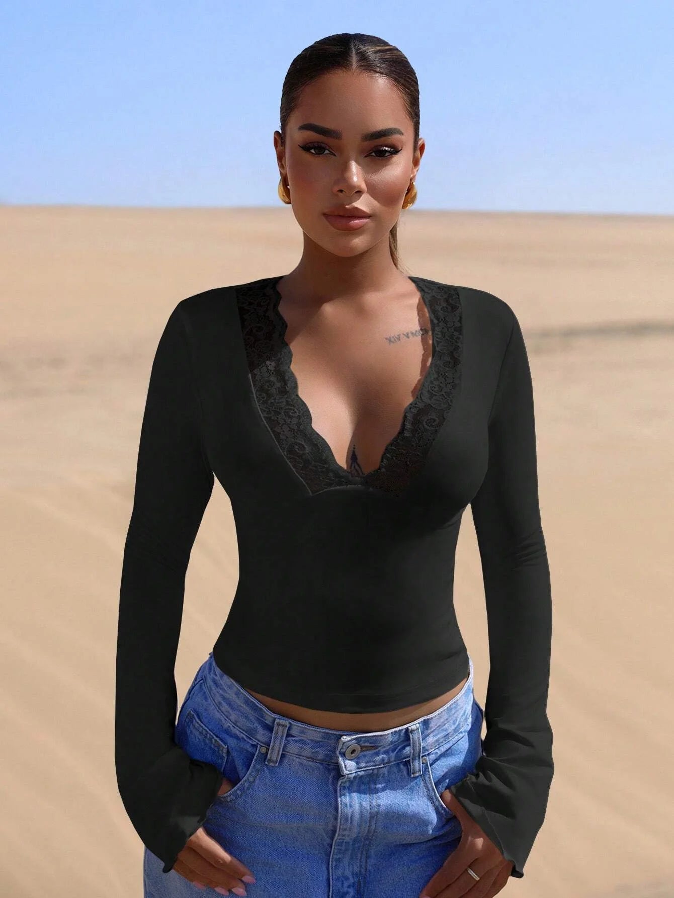 Lace Trim V-Neck Top