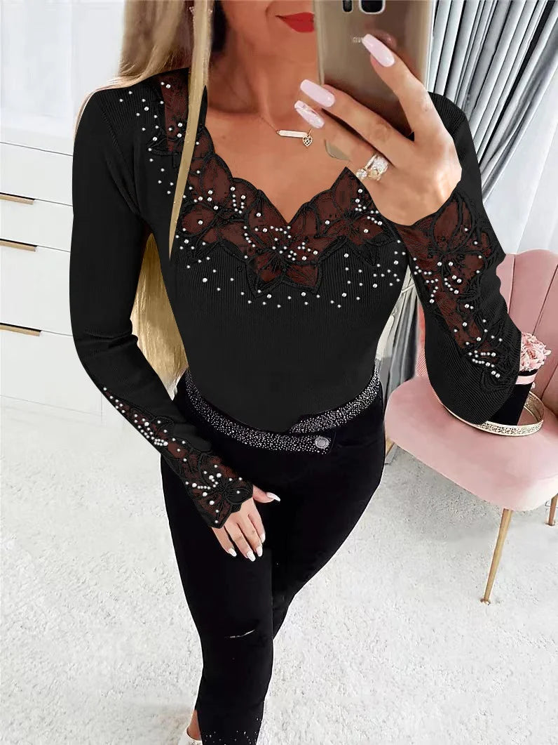 Floral Lace Detail Ribbed Top