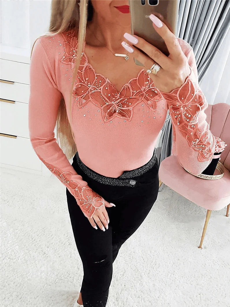 Floral Lace Detail Ribbed Top