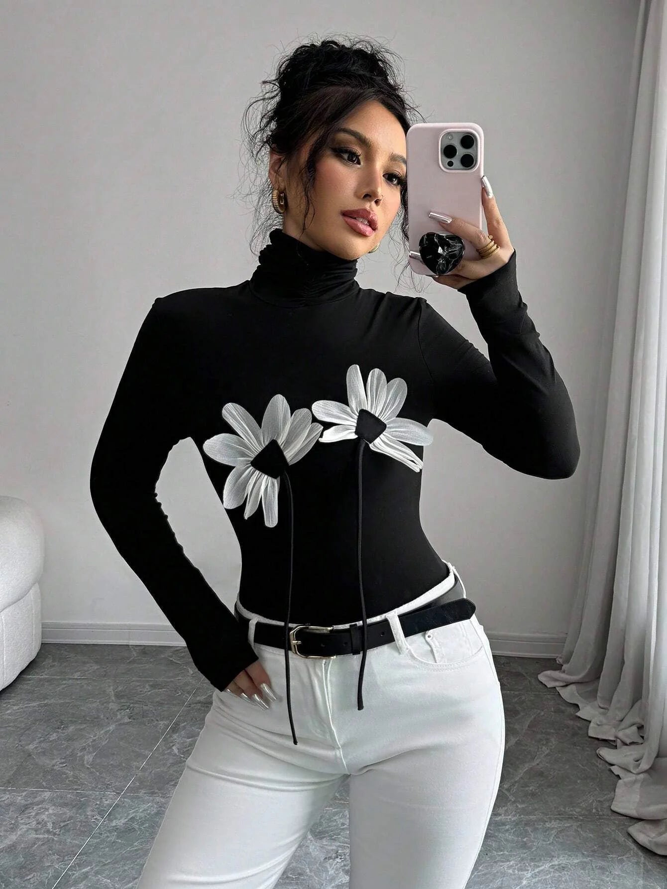 Floral Applique Turtleneck Top