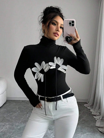 Floral Applique Turtleneck Top