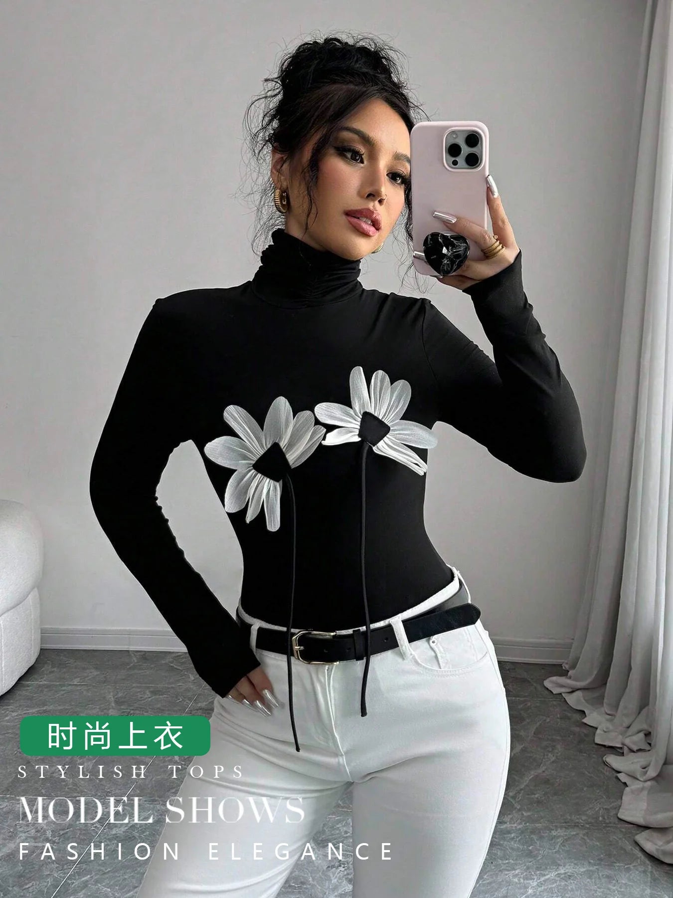 Floral Applique Turtleneck Top
