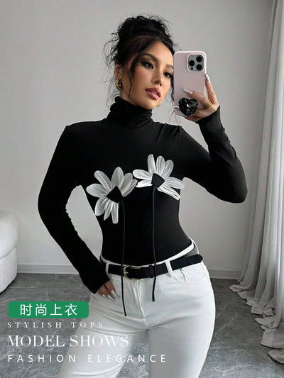Floral Applique Turtleneck Top