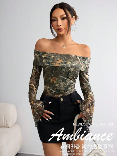 Off-Shoulder Camo Print Top