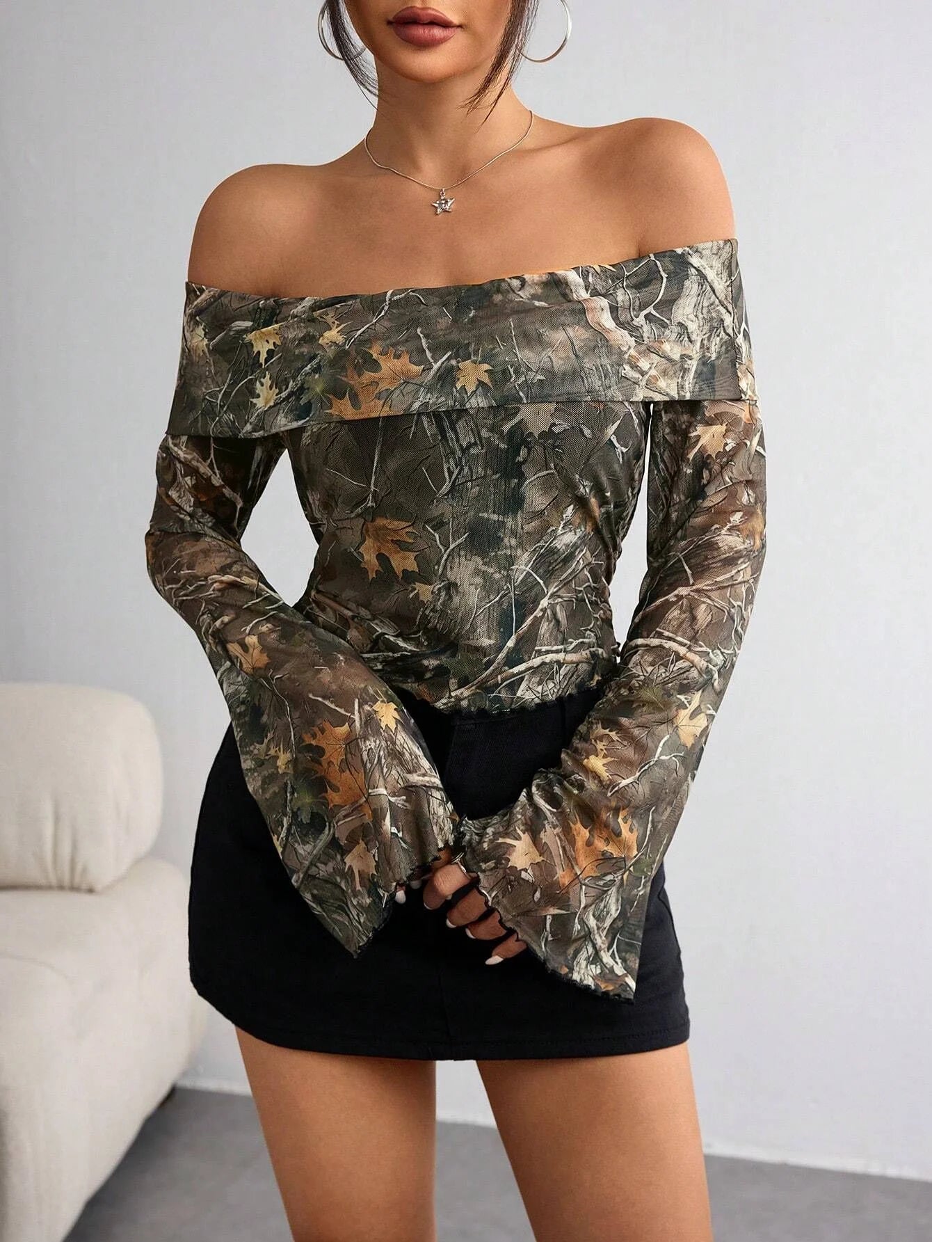Off-Shoulder Camo Print Top