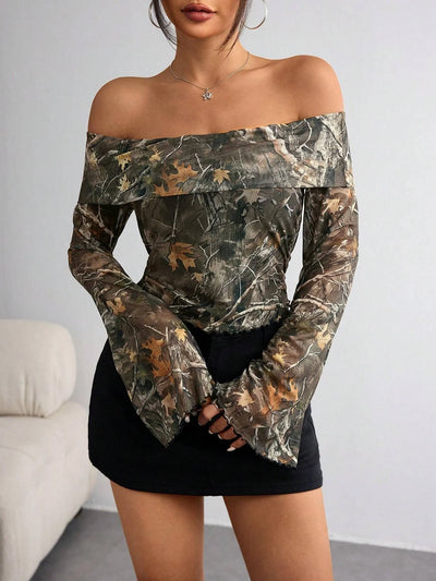 Off-Shoulder Camo Print Top