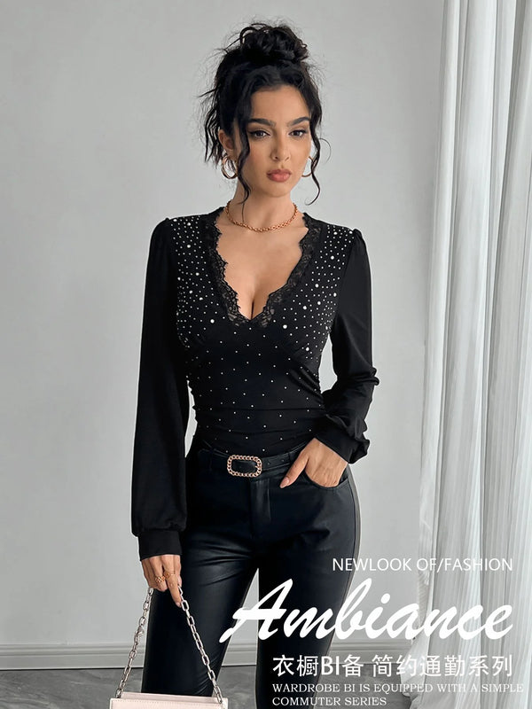 Lace Trim Rhinestone Top