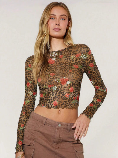 Floral Leopard Mesh Crop Top