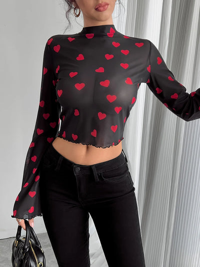 Paisley Mesh Bell Sleeve Crop Top