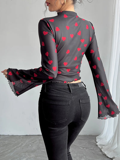 Paisley Mesh Bell Sleeve Crop Top