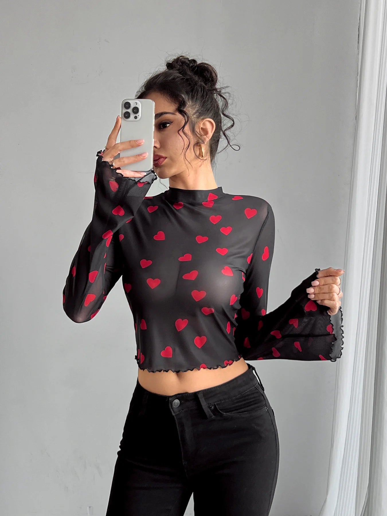 Paisley Mesh Bell Sleeve Crop Top