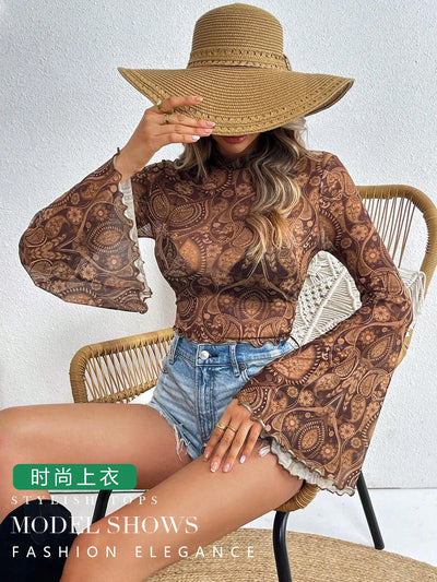 Heart Print Mesh Crop Top