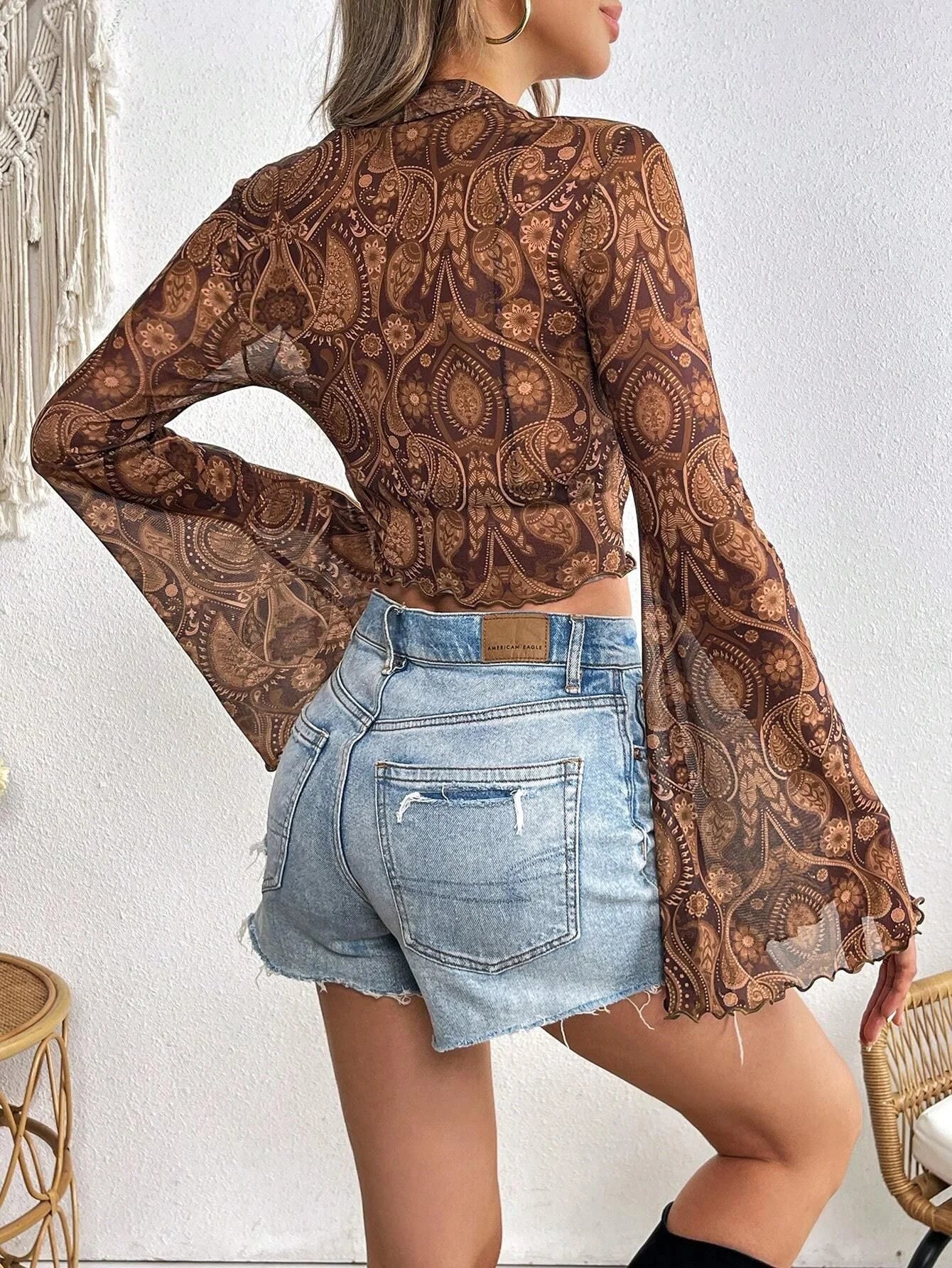 Heart Print Mesh Crop Top