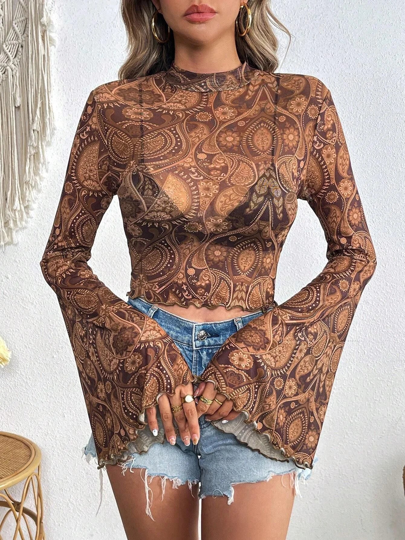 Heart Print Mesh Crop Top
